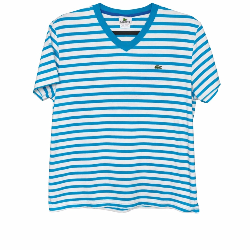 Lacoste Blue and White Striped V-Neck Short Sleeve Tee